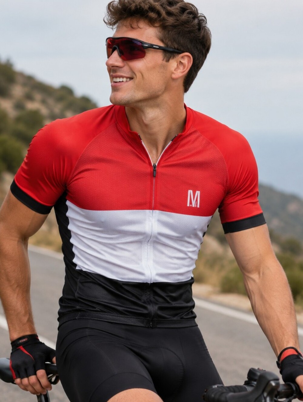 Montella Biking Triathlon Red Black White Stripped Cycling Jersey Rear Pockets